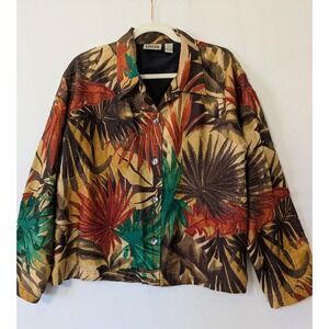 Chicos Vintage Silk Beaded Tropical Leaf Button Down Shirt Jacket XL Size‎ 3
